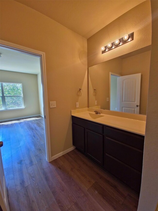 Bathroom with vanity and dark wood finished floors