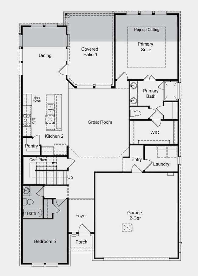Additional highlights include: extended primary suite, covered outdoor living, and casual dining area, first floor bedroom with full bath in place of study. 