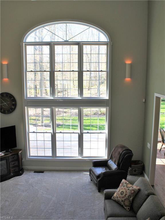 Great Room wall of windows to wooded view