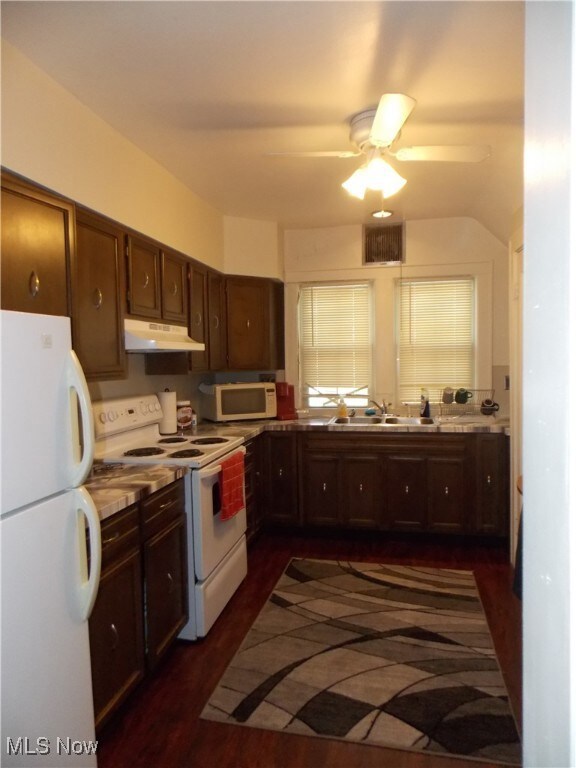 Kitchen with dark brown cabinetry, sink, white appliances, ceiling fan, and dark hardwood / wood-style floors