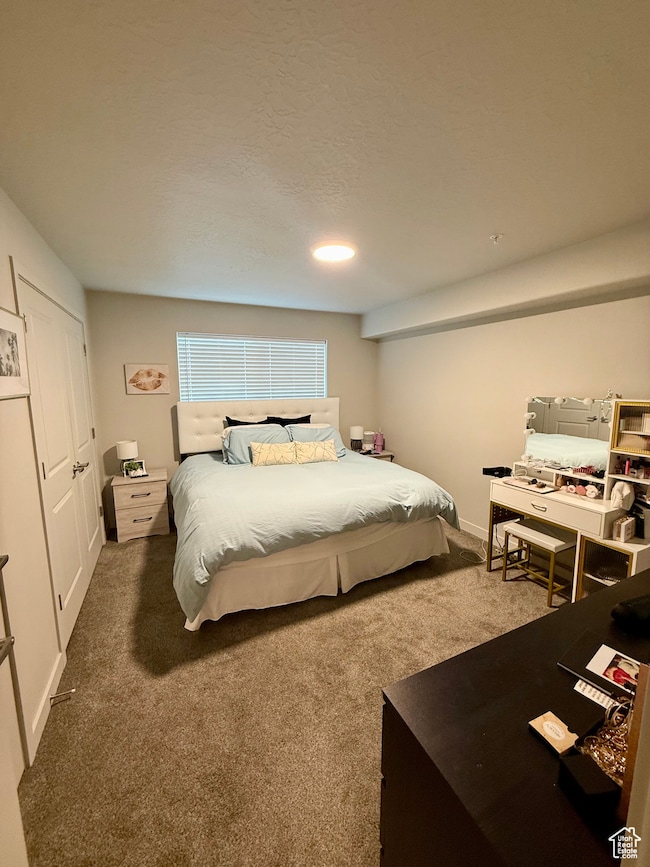 Bedroom featuring carpet, a closet, and a textured ceiling