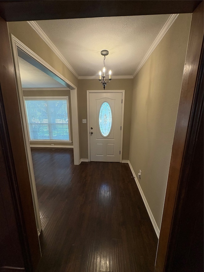 Foyer entrance with dark wood finished floors, crown molding, a chandelier, and a textured ceiling