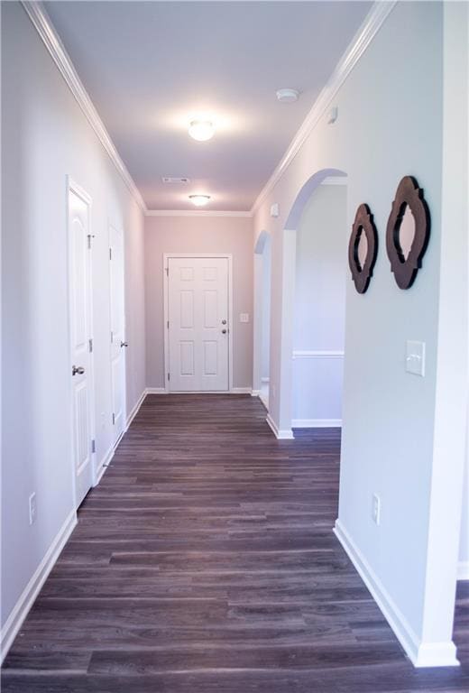 Hallway featuring dark wood-type flooring, visible