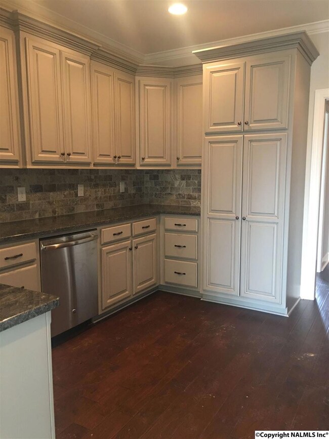 Custom cabinetry with tile backsplash and granite in beautiful neutral grays