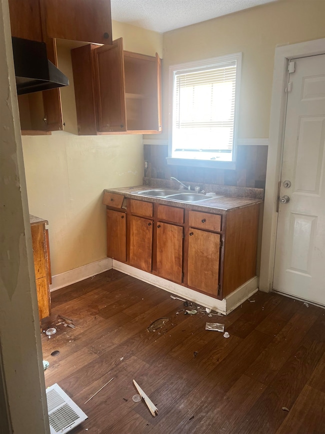 Kitchen featuring dark wood-style floors, a sink, 