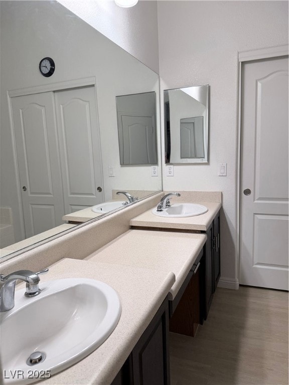 Full bath featuring double vanity and dark wood-style floors