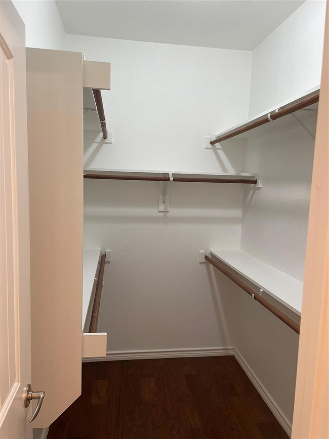 Walk in closet with dark wood-type flooring