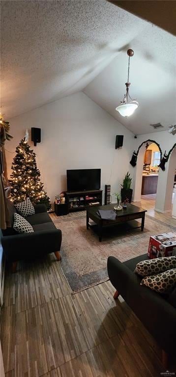 Living room featuring hardwood / wood-style flooring, lofted ceiling, and a textured ceiling