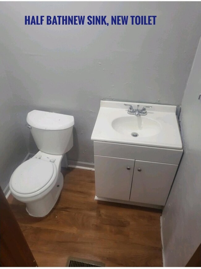 Bathroom with wood-type flooring, vanity, and toil