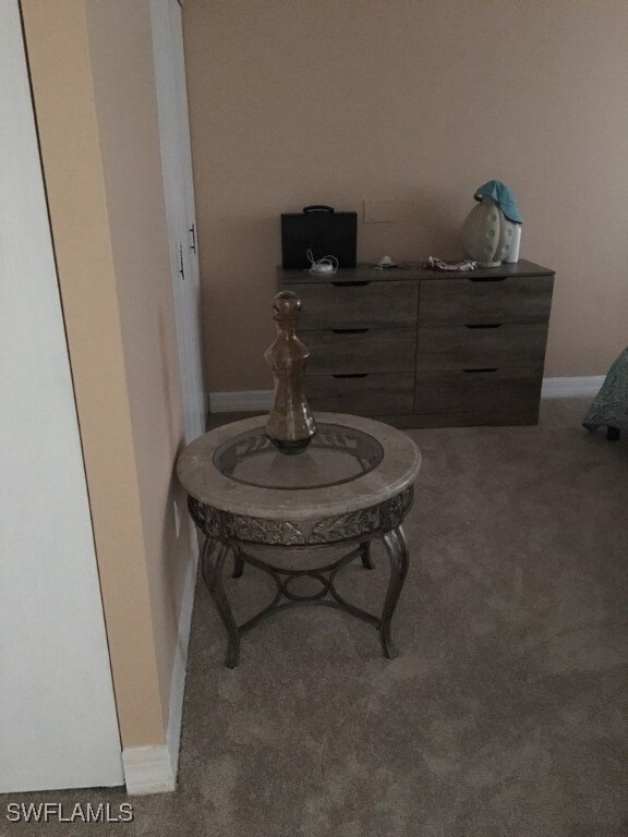Detailed view of carpet flooring and baseboards