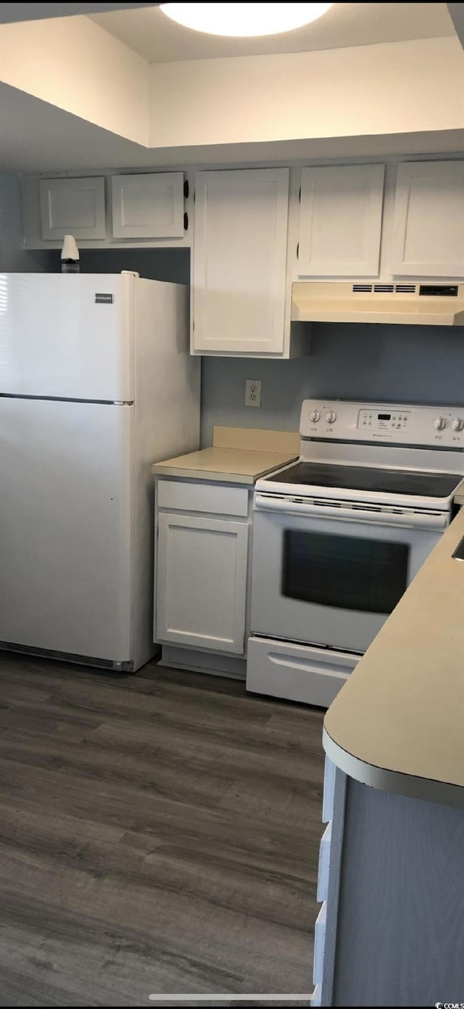 Kitchen with white appliances, under cabinet range hood, dark wood-type flooring, and light countertops