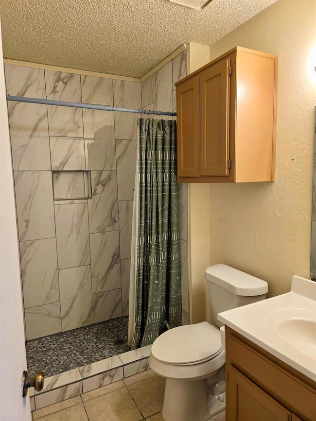 Bathroom featuring a textured wall, toilet, a stal