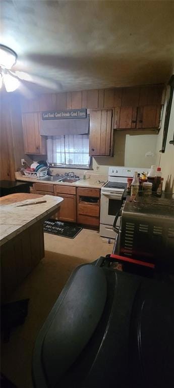 Kitchen with white range with electric stovetop