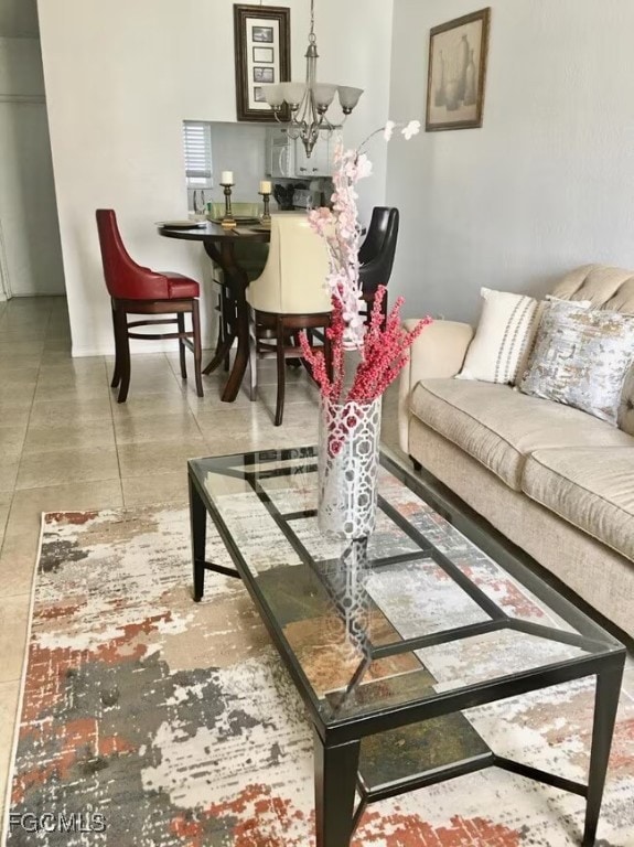 Living area featuring a chandelier