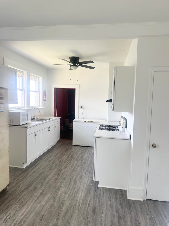 Kitchen with white microwave, a sink, stove, a ceiling fan, and dark wood-type flooring