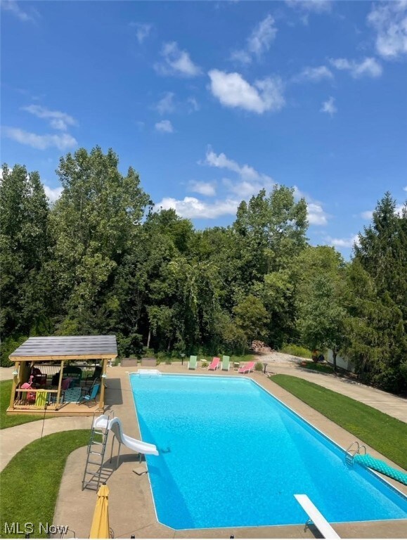 View of pool with a diving board and a water slide