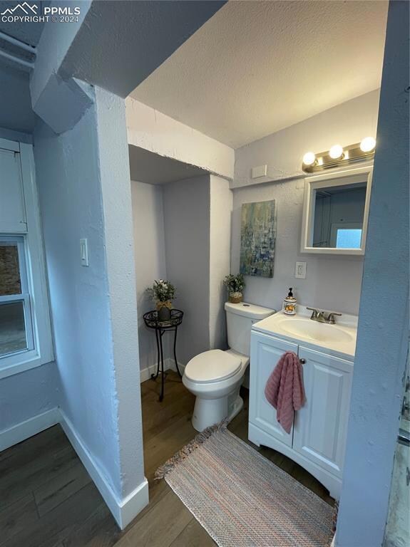 Bathroom with oversized vanity, toilet, and hardwo