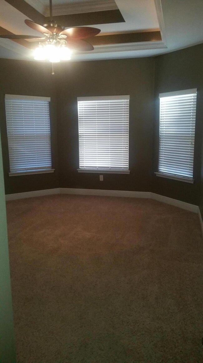 master bedroom with trayed ceilings