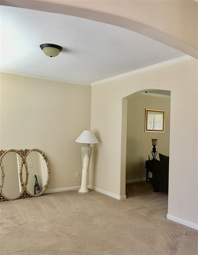 Arched entrance to large living room.