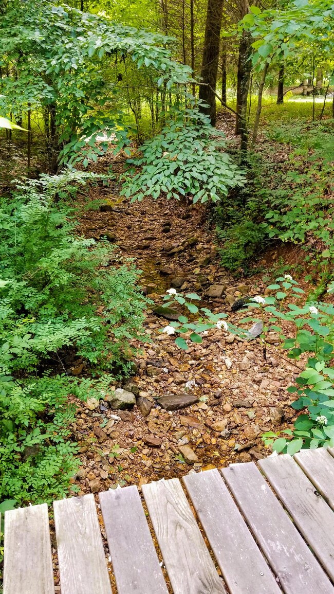 Foot bridge crosses over a brook running beside frontage road.