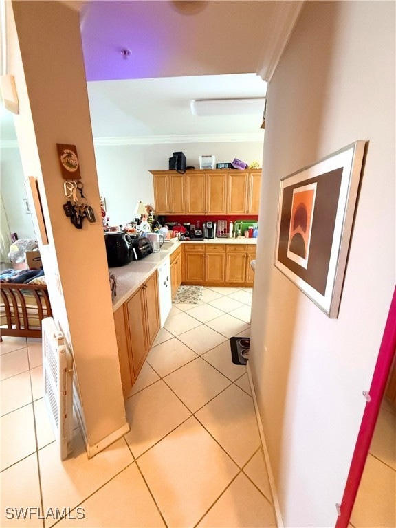 Corridor with ornamental molding and light tile patterned floors