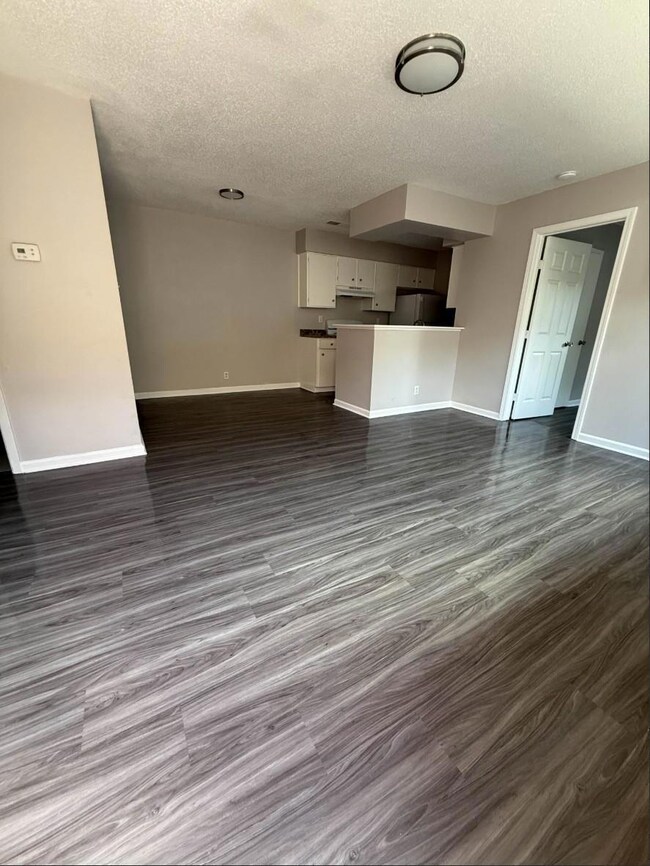 Unfurnished living room with dark wood-type flooring and a textured ceiling