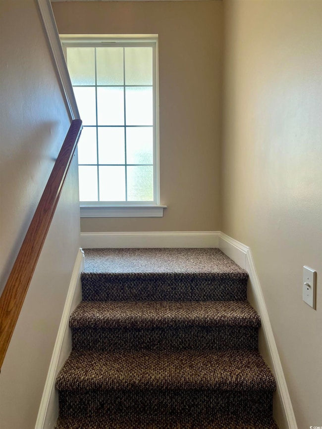 Stairs featuring carpet flooring and baseboards