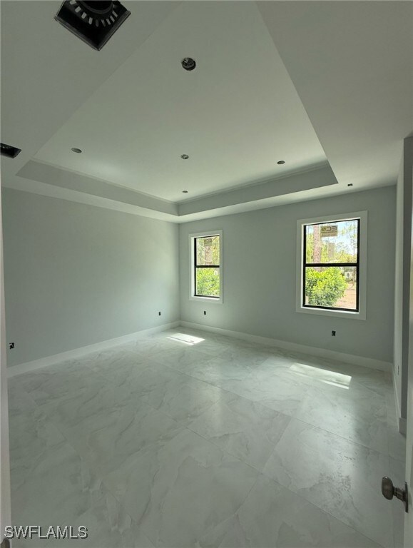 Unfurnished room featuring a tray ceiling and ligh