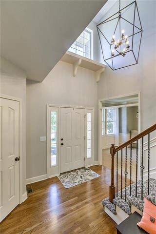 Front hall with designer stair carpet, open cage c