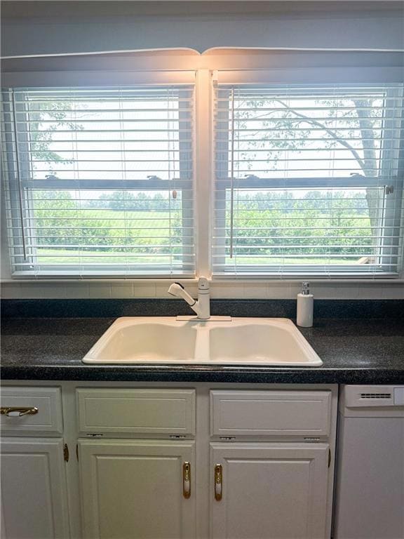 Kitchen view of white dishwasher, white cabinetry, and dark countertops