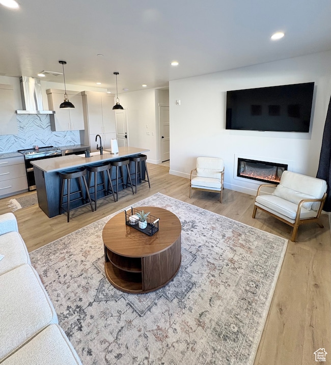 Living room with a glass covered fireplace, light wood-type flooring, and recessed lighting
