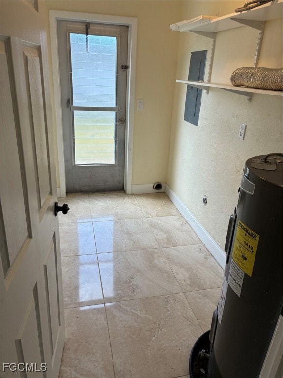 Laundry area with water heater, electric panel, and a textured wall