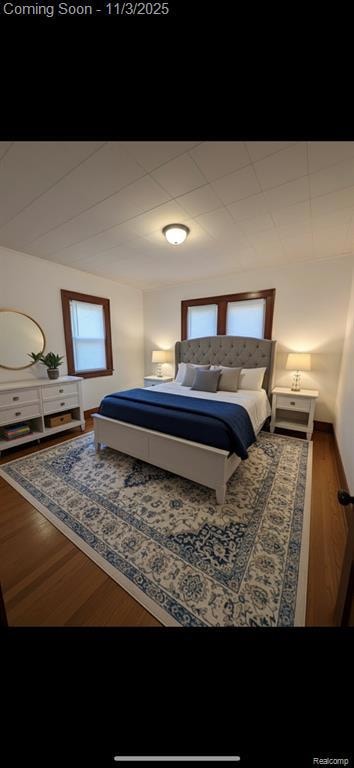 Bedroom with dark wood-type flooring and a closet