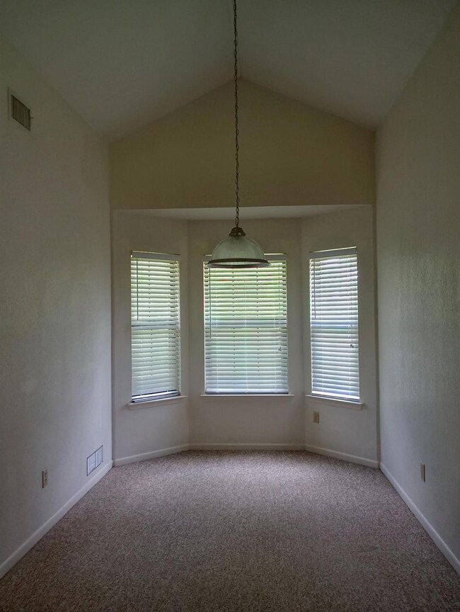 Carpeted empty room with baseboards and lofted ce