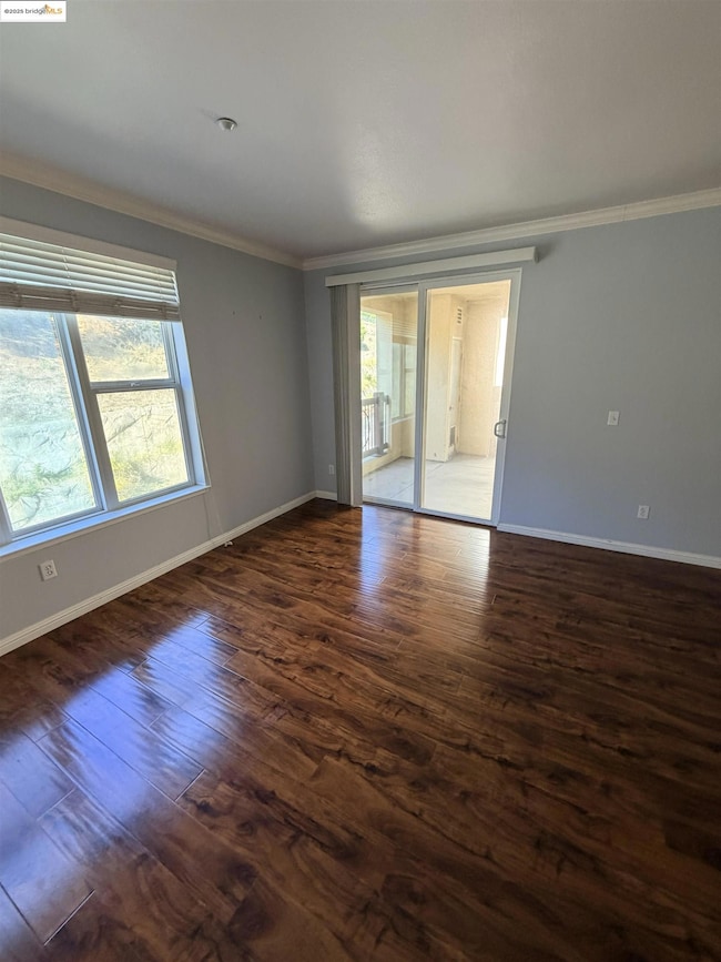 Unfurnished room with crown molding and dark wood-style flooring