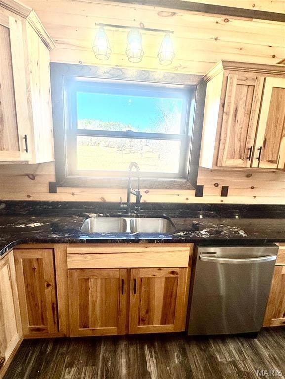 Kitchen with dishwasher, dark stone counters, dark wood finished floors, and healthy amount of natural light