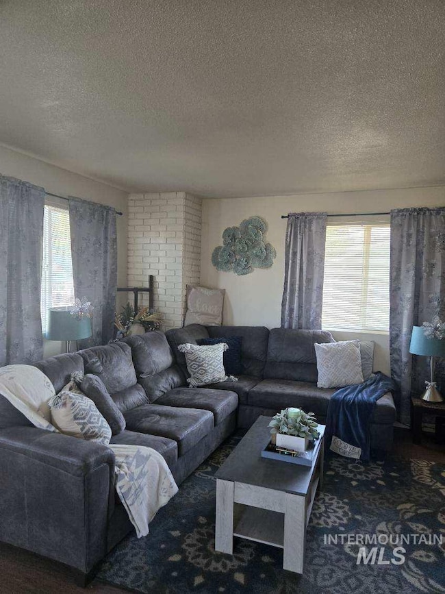 Carpeted living room with a textured ceiling