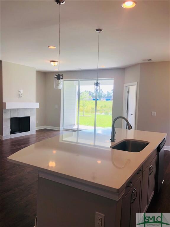 Open floorplan includes propane fireplace
