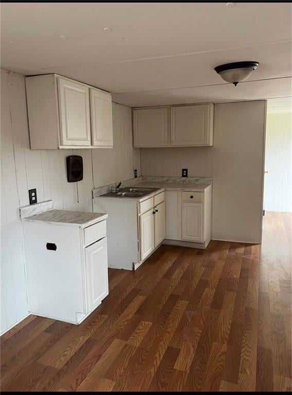 Kitchen with dark wood-type flooring, white cabinets, light countertops, and wood walls