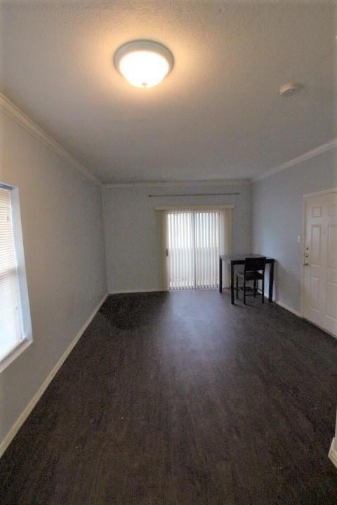 Spare room featuring crown molding, dark colored carpet, and a textured ceiling