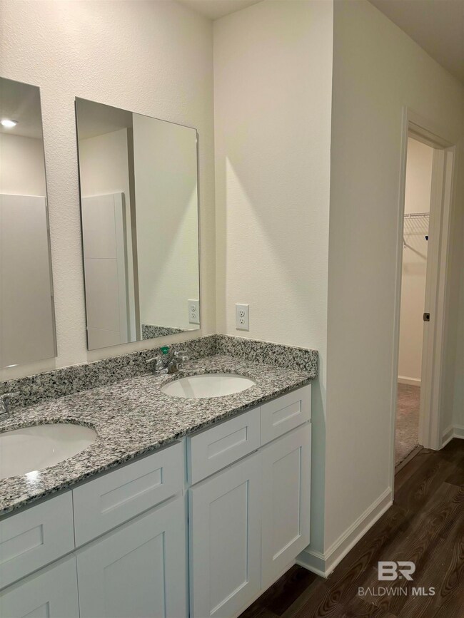 Bathroom with wood-type flooring and double vanity