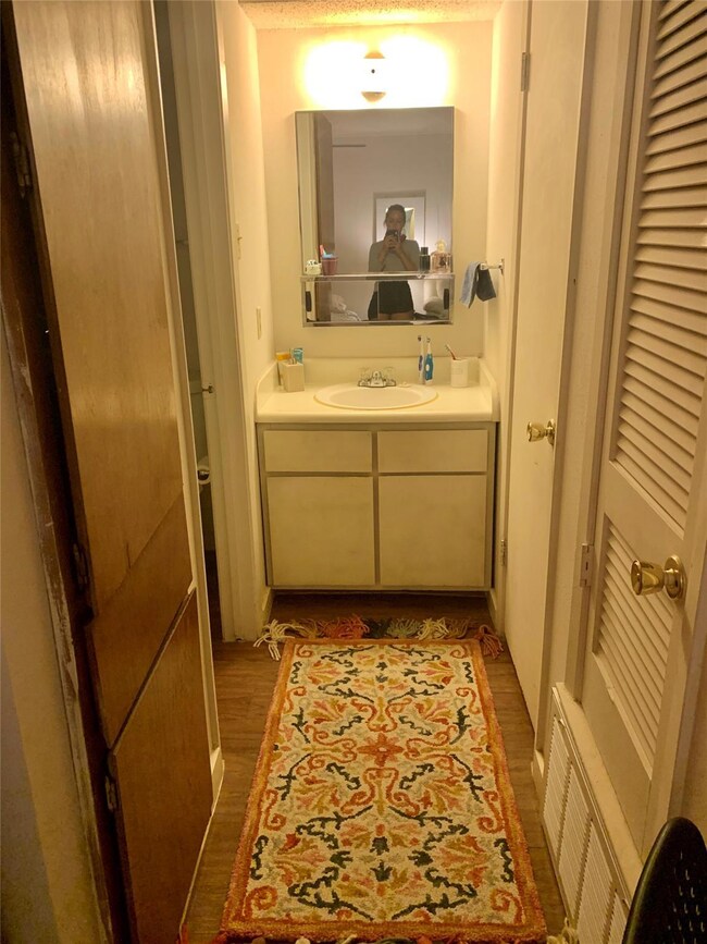 Bathroom with wood finished floors and vanity