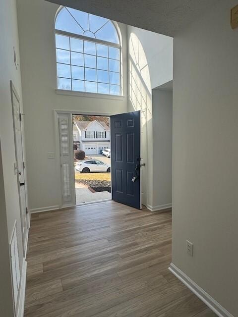 Entryway with light wood finished floors and a towering ceiling
