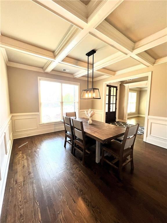 Dining room with dark wood-style floors, wainscoti