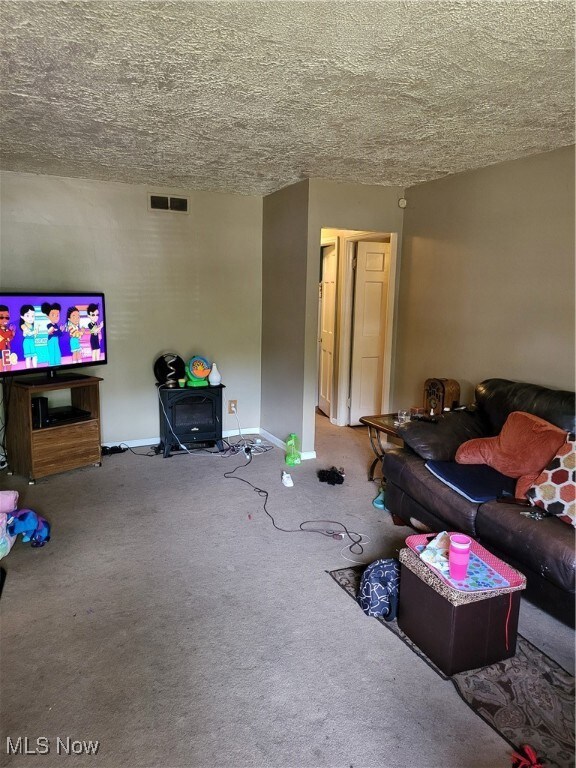 Living room with a textured ceiling and carpet floors