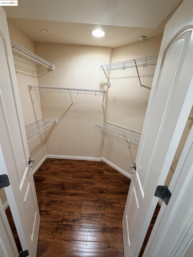 Walk in closet with dark wood-style flooring