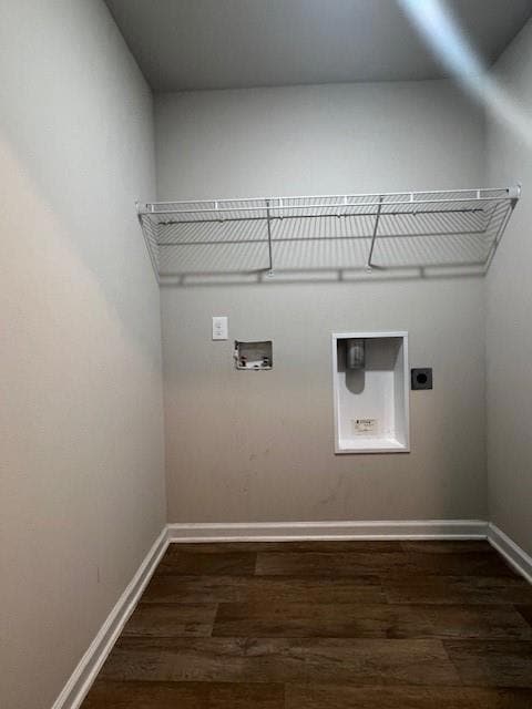 Laundry room featuring dark wood-style floors, hookup for an electric dryer, and hookup for a washing machine