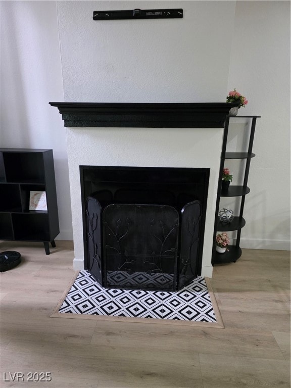 Details featuring a fireplace with flush hearth, b