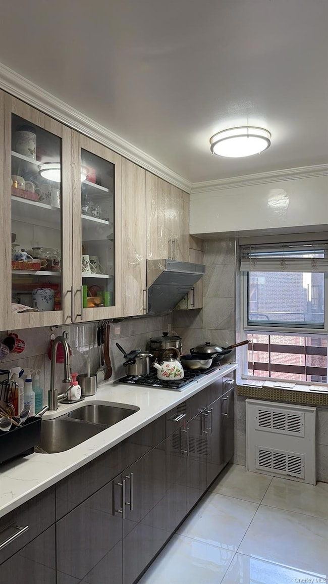 Kitchen with glass insert cabinets, decorative backsplash, modern cabinets, ventilation hood, and ornamental molding