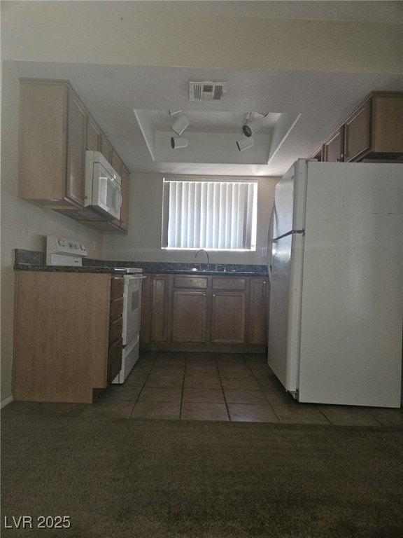 Kitchen with white appliances, a tray ceiling, dar